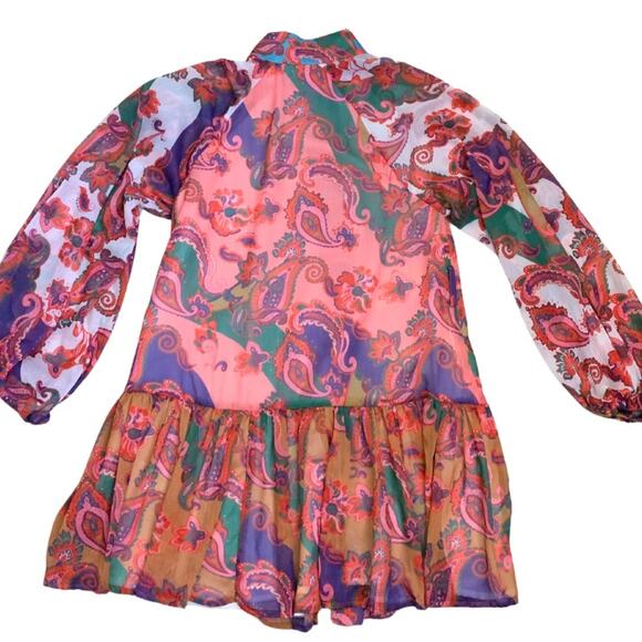Colorful Pink Paisley Floral Print Long Sleeve Short Dress L’Atiste Small Mini - Picture 10 of 14